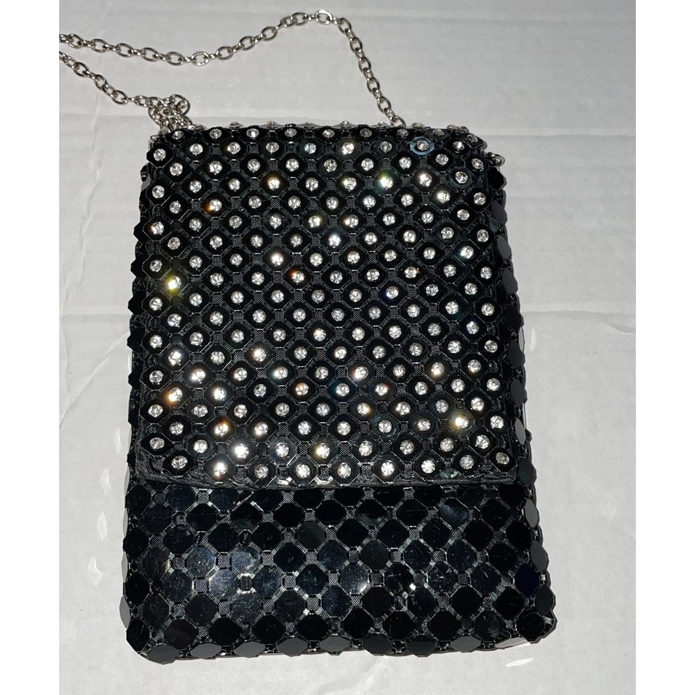 Black mesh crystal embellished shoulder tote purse bag - Picture 2 of 8